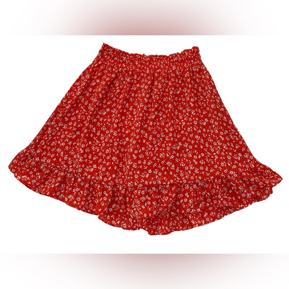 Sienna Sky Red Floral Mini Skirt Ruffle Hem Flowy Elastic Waist Spring